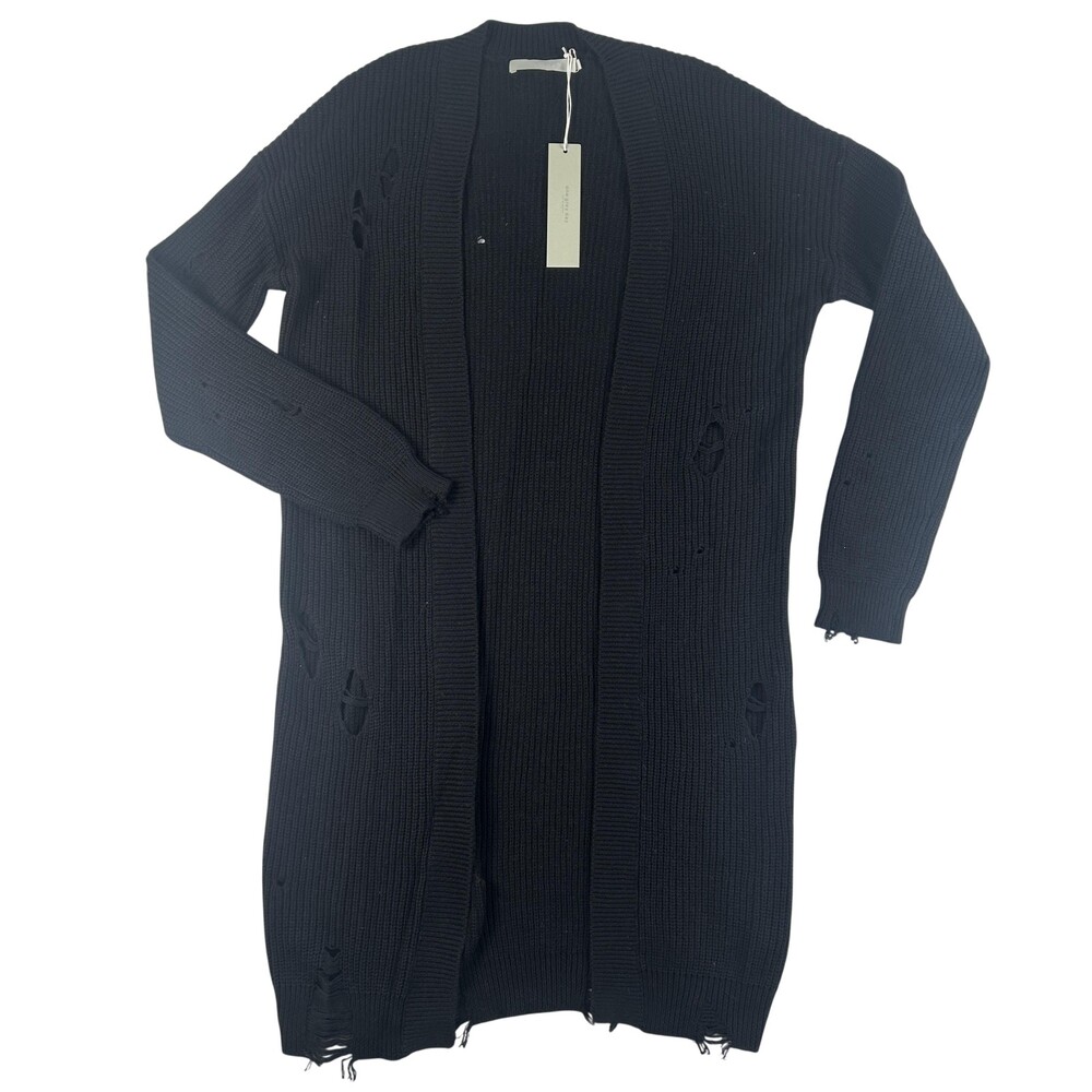 One Grey Day Cardigan Sweater Womens Small Black Distressed Open Knit Longline